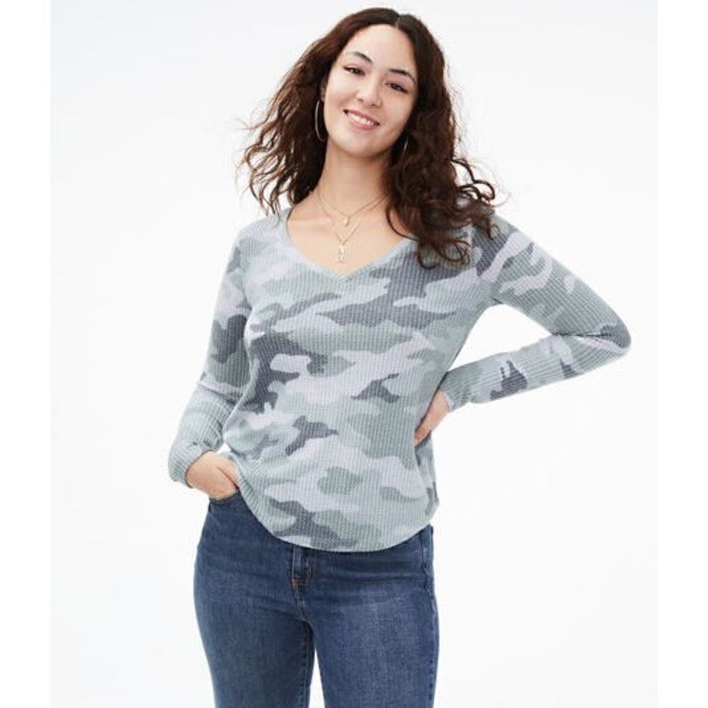 AERO Long Sleeve Camo Waffle-Knit V-Neck Tee Size XL